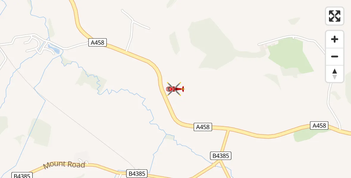 Flight route map: Air Ambulance Helicopter to Welshpool, A458