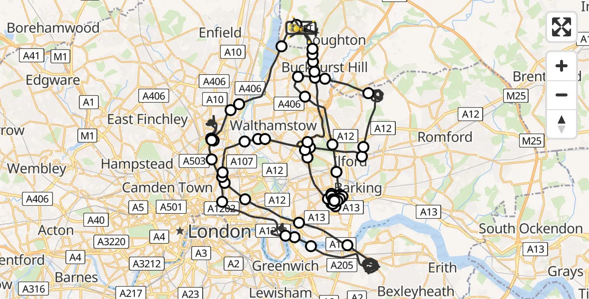 Flight route map: Police Helicopter to Metropolitan Police Air Support Unit Lippitts Hill, Metropolitan Police Air Support Unit Lippitts Hill