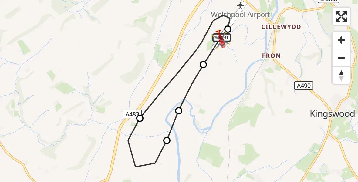 Flight route map: Air Ambulance Helicopter to Welshpool Airport, Welshpool Airport