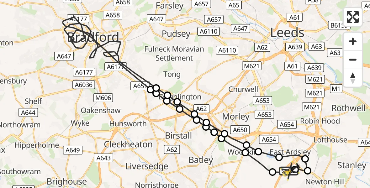 Flight path map showing Police Helicopter route from East Ardsley to East Ardsley