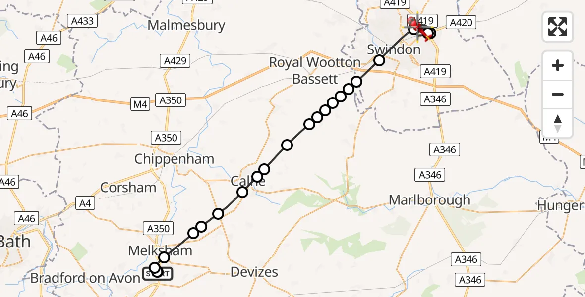 Flight route map: Air Ambulance Helicopter to Stratton St. Margaret, Callaghan Close