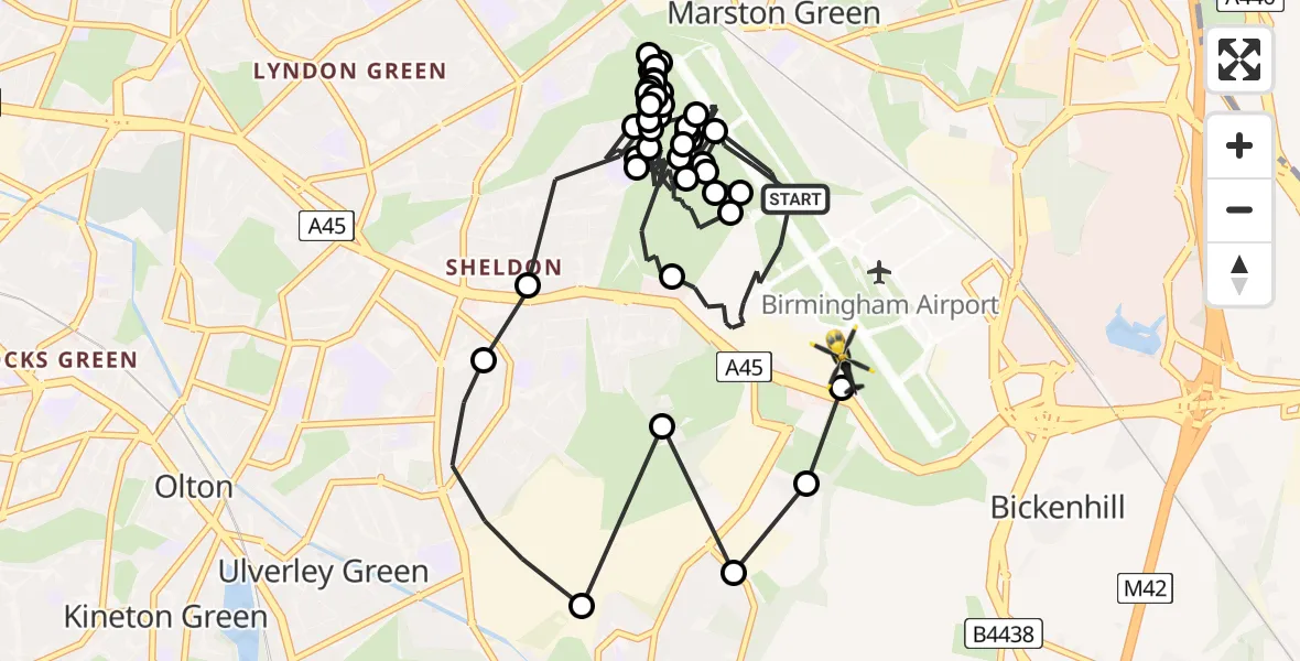 Flight path map showing Police Helicopter route from Birmingham Airport to Birmingham Airport