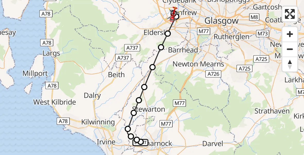 Flight route map: Air Ambulance Helicopter to Glasgow Airport, Glasgow Airport