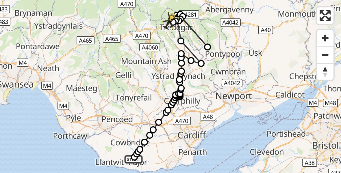 Flight route map: Police Helicopter to Nant-y-Bwch, Tafarnaubach Industrial Estate