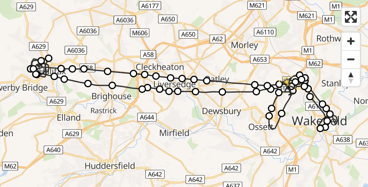 Flight path map showing Police Helicopter route from East Ardsley to East Ardsley