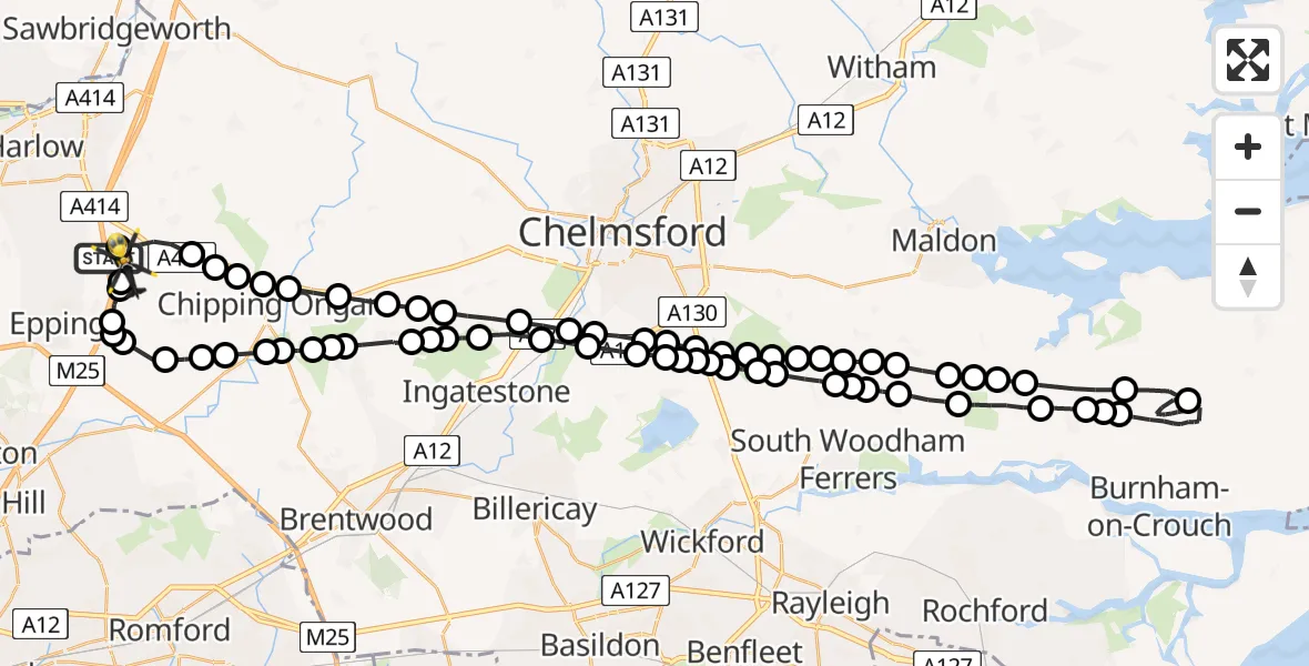 Flight route map: Police Helicopter to North Weald Airfield, North Weald Airfield