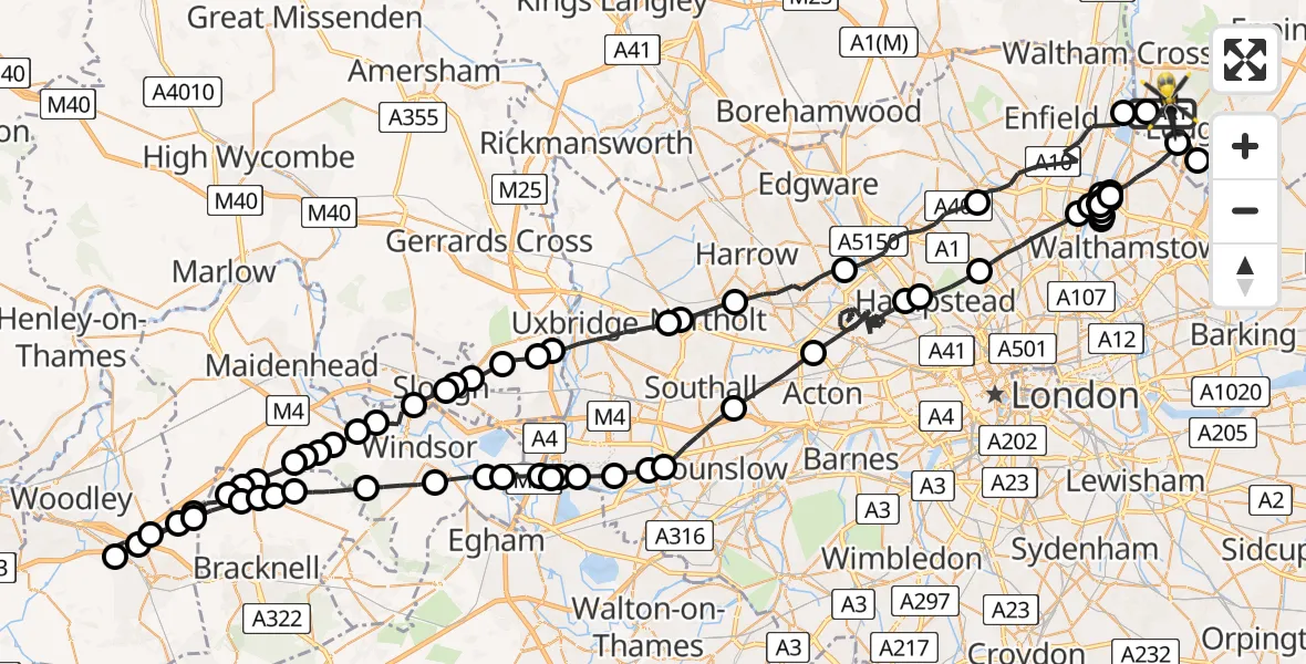 Flight route map: Police Helicopter to Sewardstonebury, Lippitts Hill