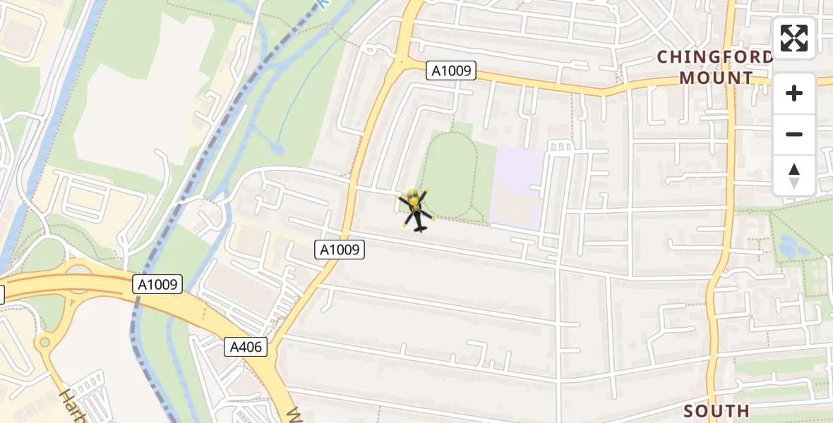 Flight path map showing Police Helicopter route from London Borough of Waltham Forest to London Borough of Waltham Forest