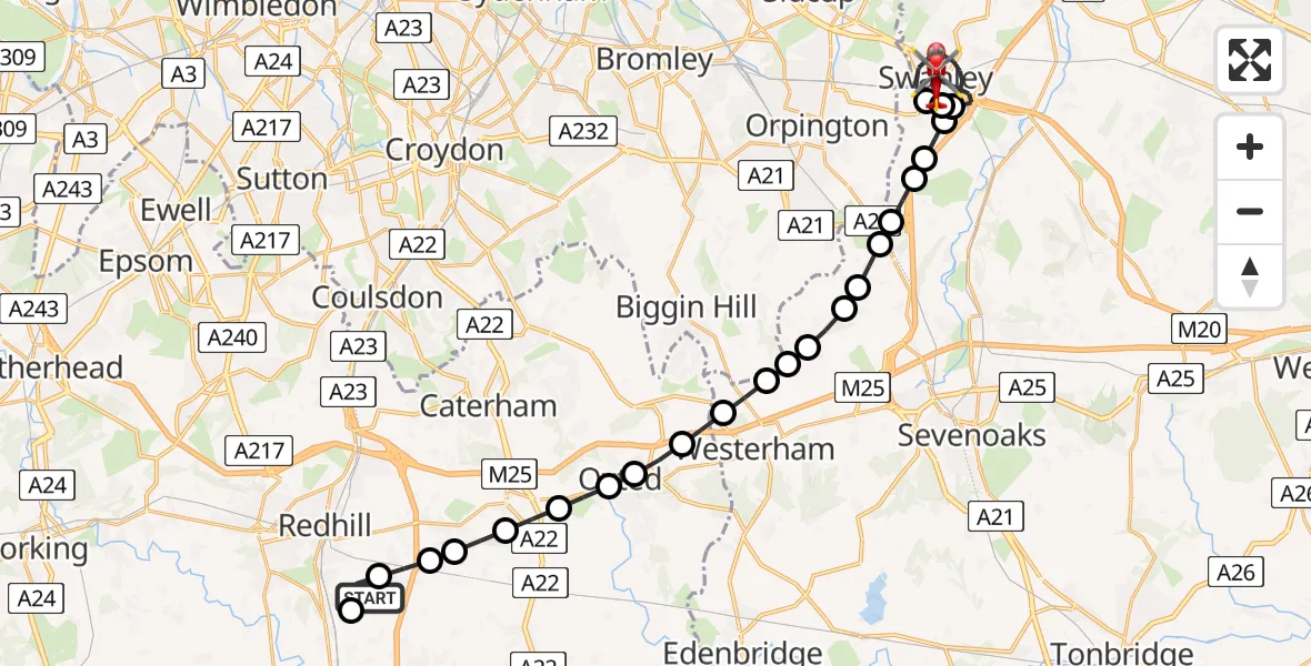 Flight route map: Air Ambulance Helicopter to Swanley, Nightingale Way