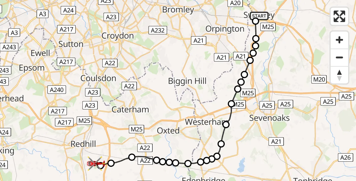 Routekaart van de vlucht: Air Ambulance Helicopter to Redhill Aerodrome, Redhill Aerodrome