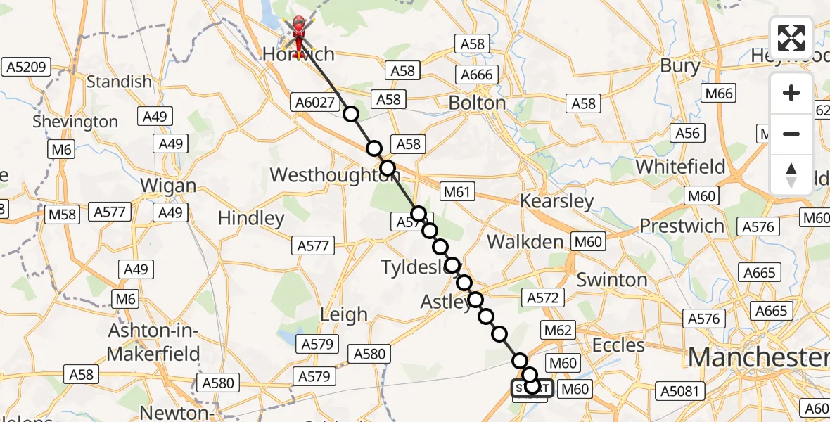 Flight route map: Air Ambulance Helicopter to Horwich, Catherine Street East
