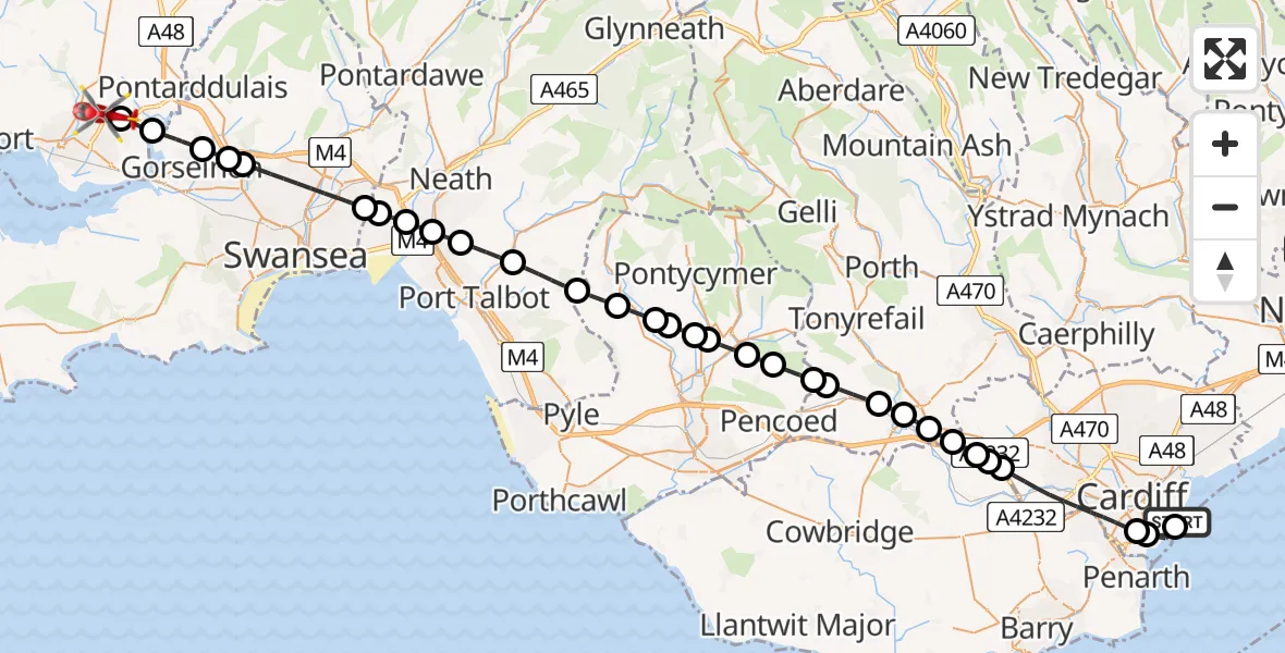 Flight route map: Air Ambulance Helicopter to Dafen, Heol Aur