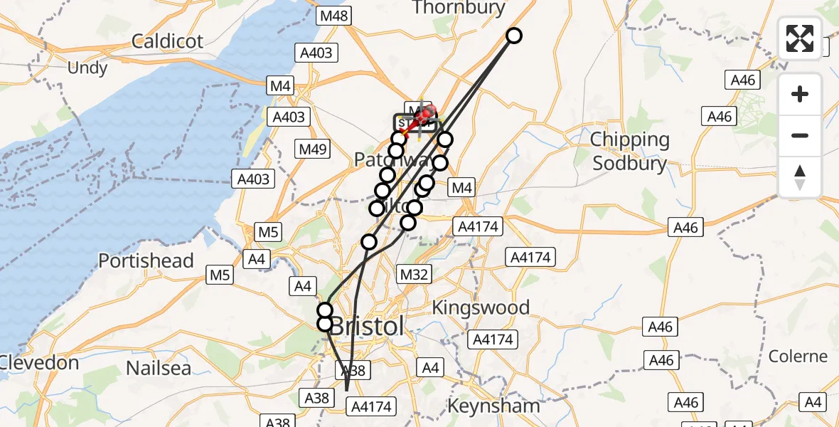 Flight route map: Air Ambulance Helicopter to Almondsbury Helicopter Base, Almondsbury Helicopter Base