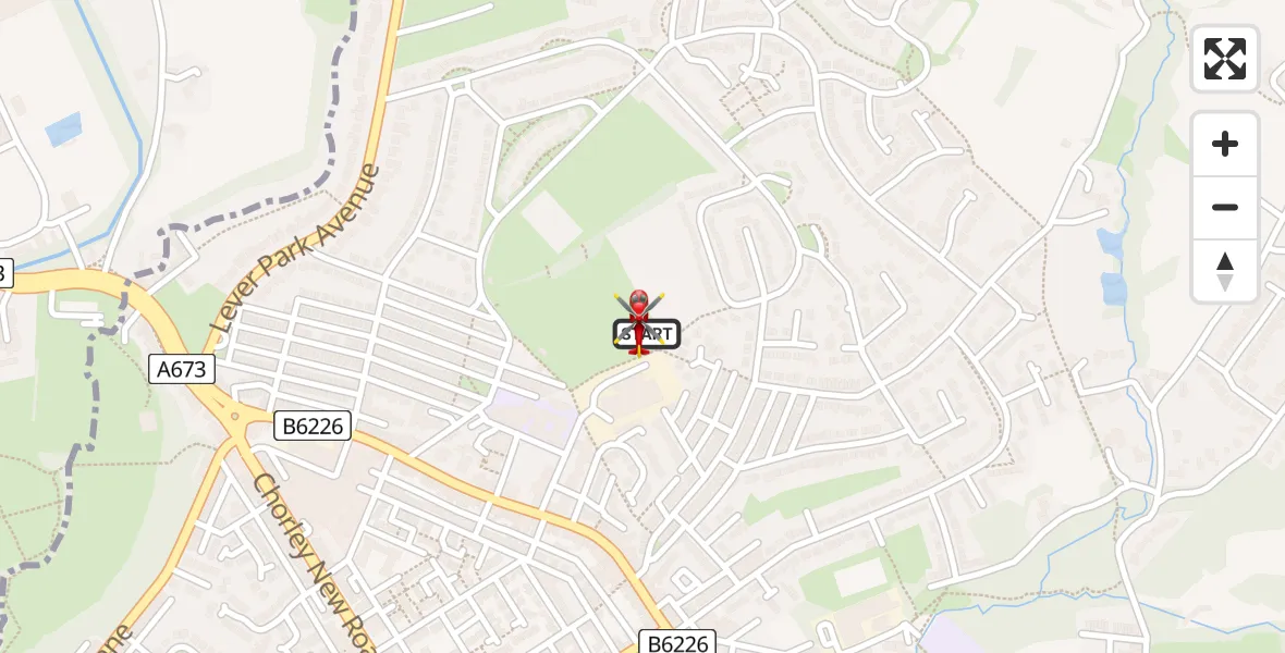 Flight route map: Air Ambulance Helicopter to Horwich, Catherine Street East