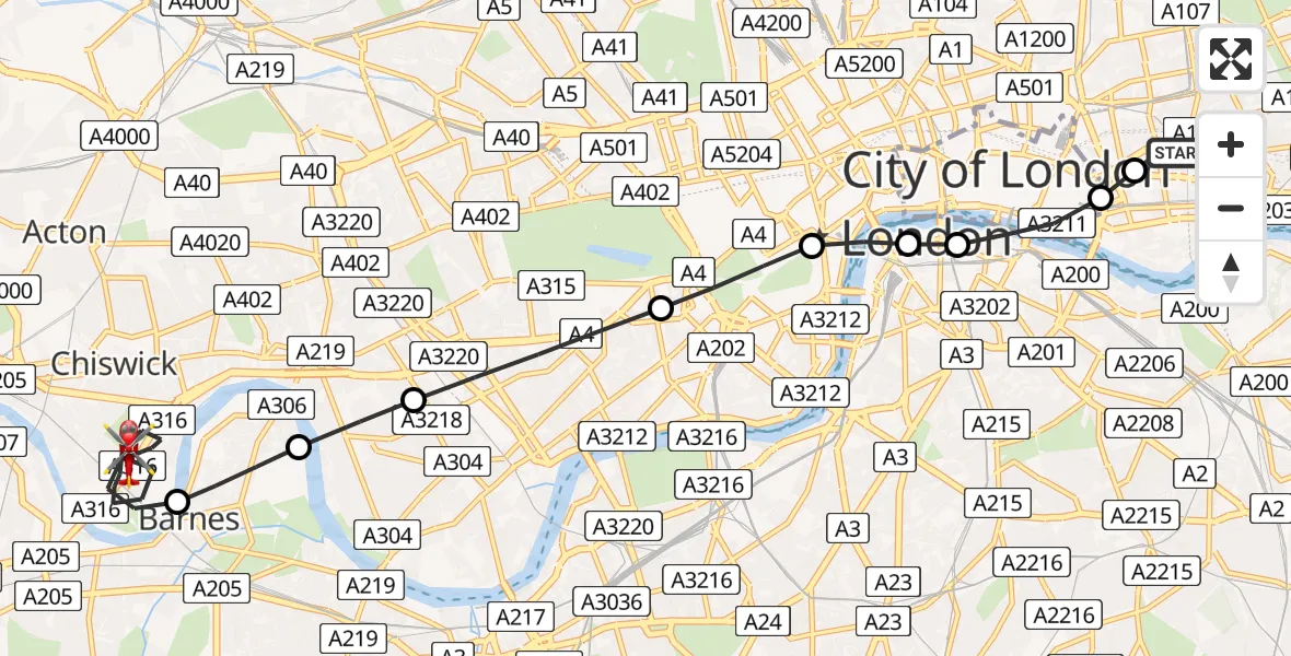 Flight route map: Air Ambulance Helicopter to London Borough of Hounslow, Burlington Lane