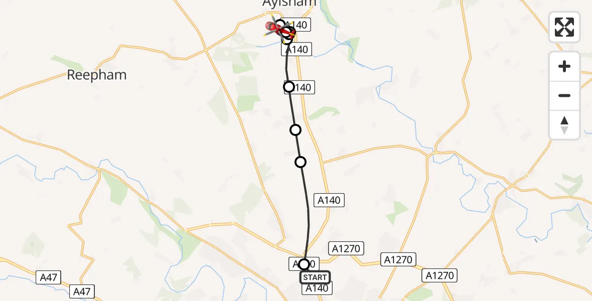 Flight route map: Air Ambulance Helicopter to Marsham, Spa Lane