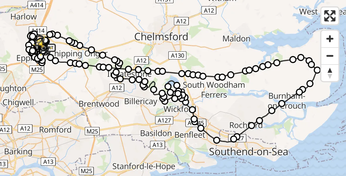 Flight route map: Police Helicopter to North Weald Airfield, North Weald Airfield