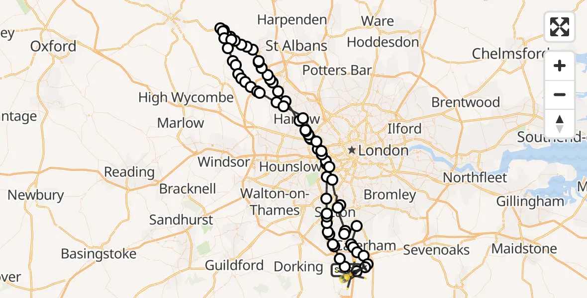 Flight route map: Police Helicopter to South Nutfield, M23