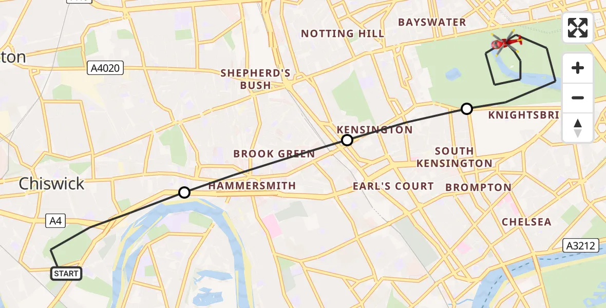 Routekaart van de vlucht: Air Ambulance Helicopter to City of Westminster, West Carriage Drive