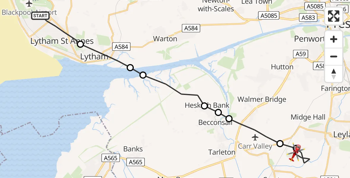 Flight route map: Air Ambulance Helicopter to Chorley, Cutt Close