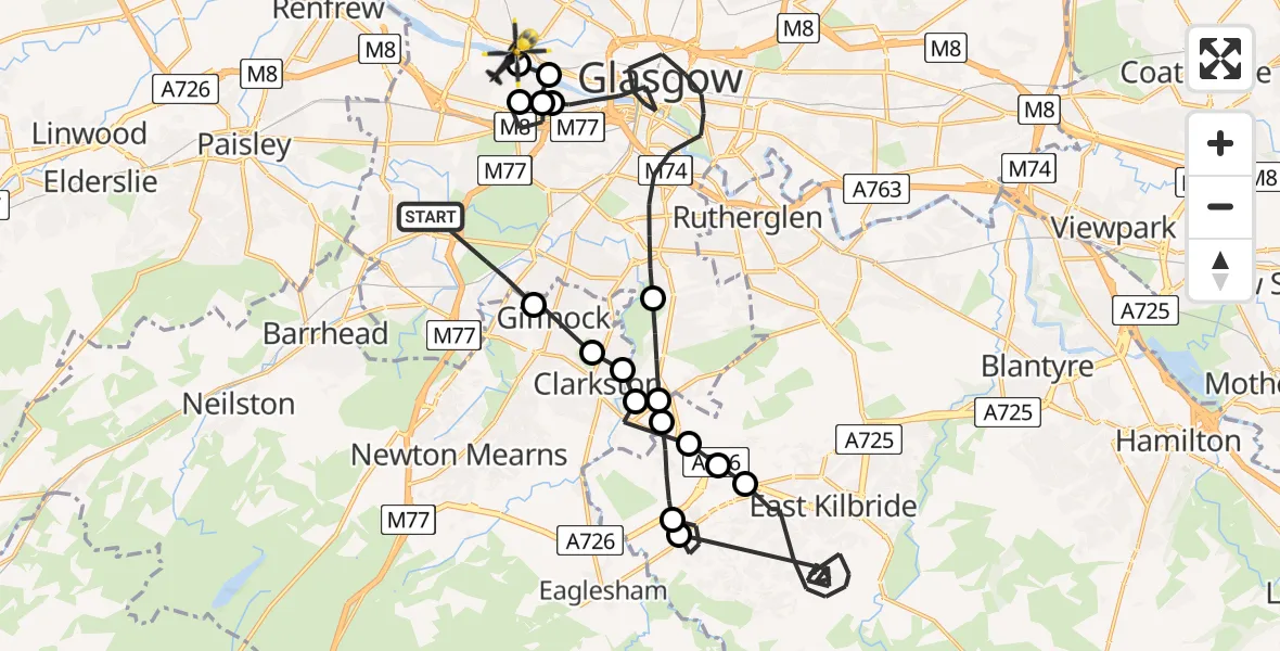 Flight route map: Police Helicopter to Glasgow, Castlebank Crescent