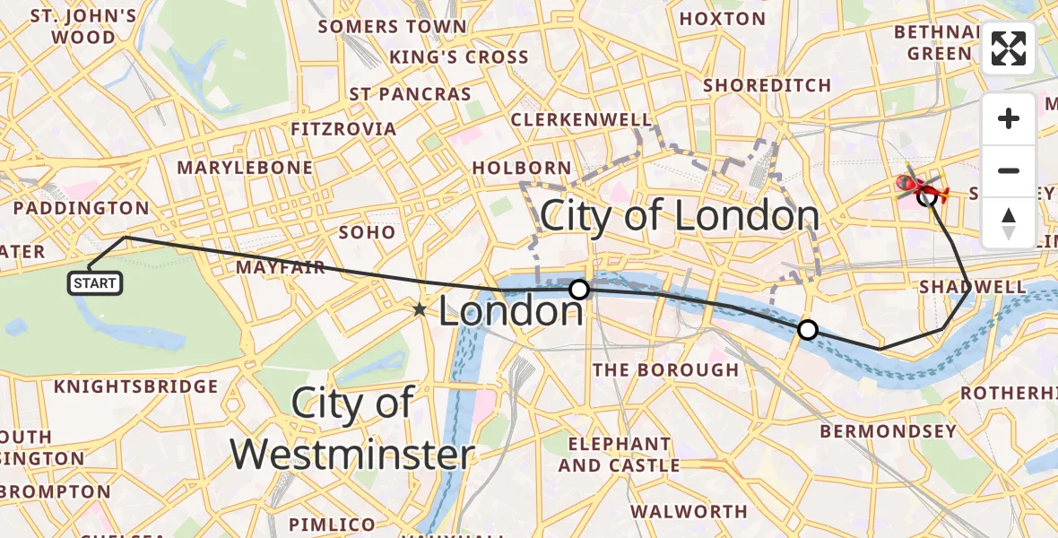 Flight route map: Air Ambulance Helicopter to Royal London Hospital, Royal London Hospital