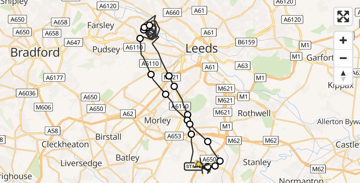Flight path map showing Police Helicopter route from East Ardsley to East Ardsley
