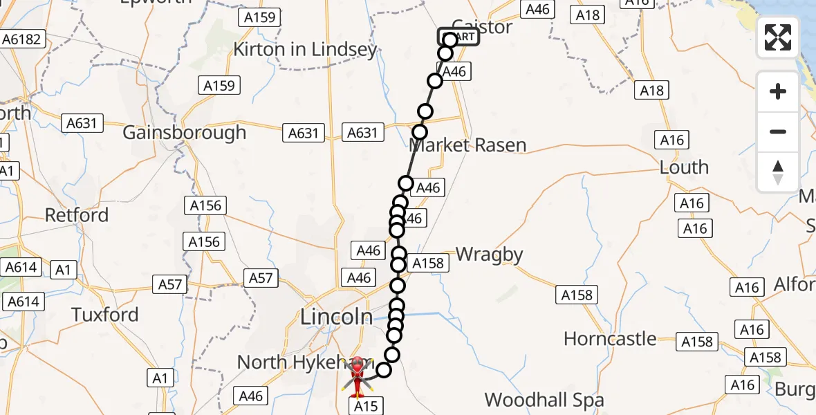 Routekaart van de vlucht: Air Ambulance Helicopter to North Kesteven, Sleaford Road