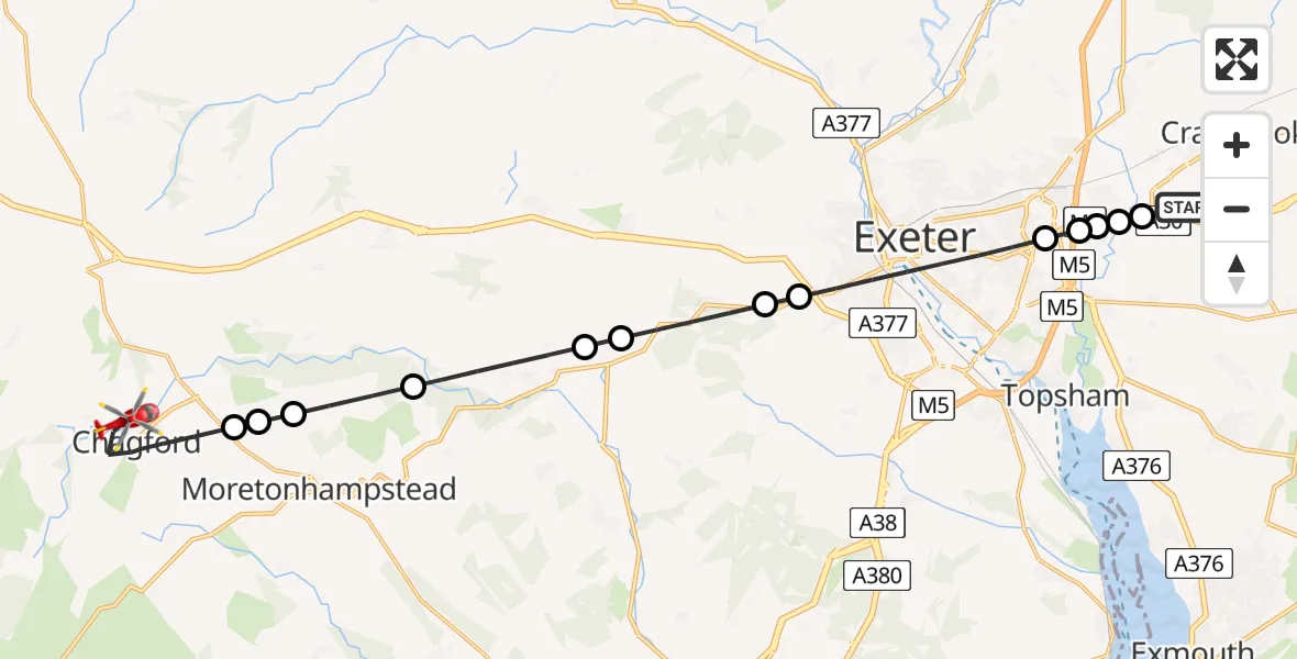 Flight route map: Air Ambulance Helicopter to Chagford, Mill Street