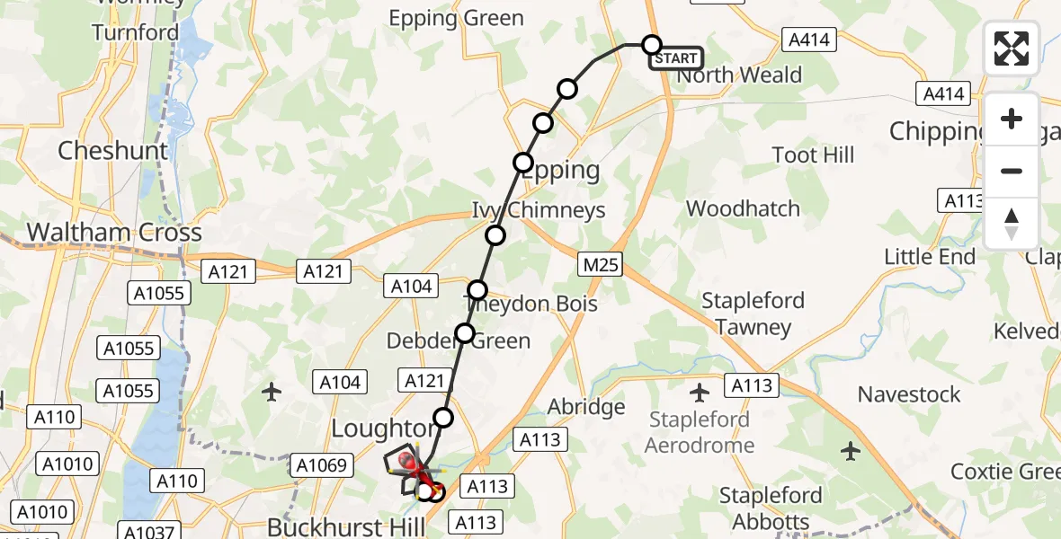 Flight route map: Air Ambulance Helicopter to Loughton, Southview Road