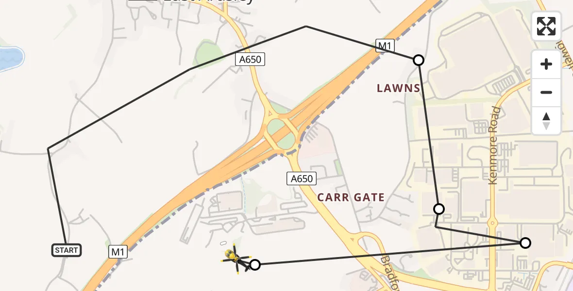 Flight path map showing Police Helicopter route from East Ardsley to East Ardsley