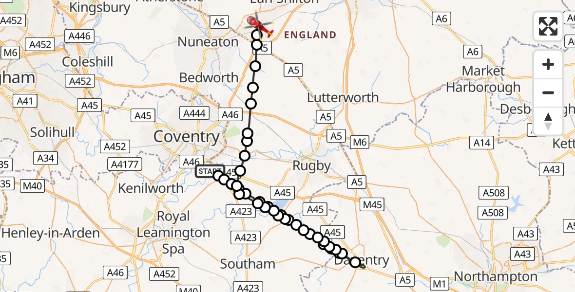Flight route map: Air Ambulance Helicopter to Hinckley, Davenport Terrace