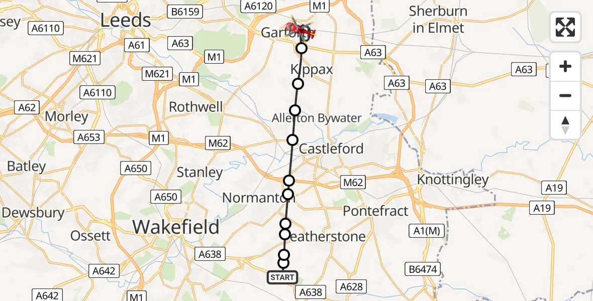 Flight route map: Air Ambulance Helicopter to Garforth, Oakfield Close