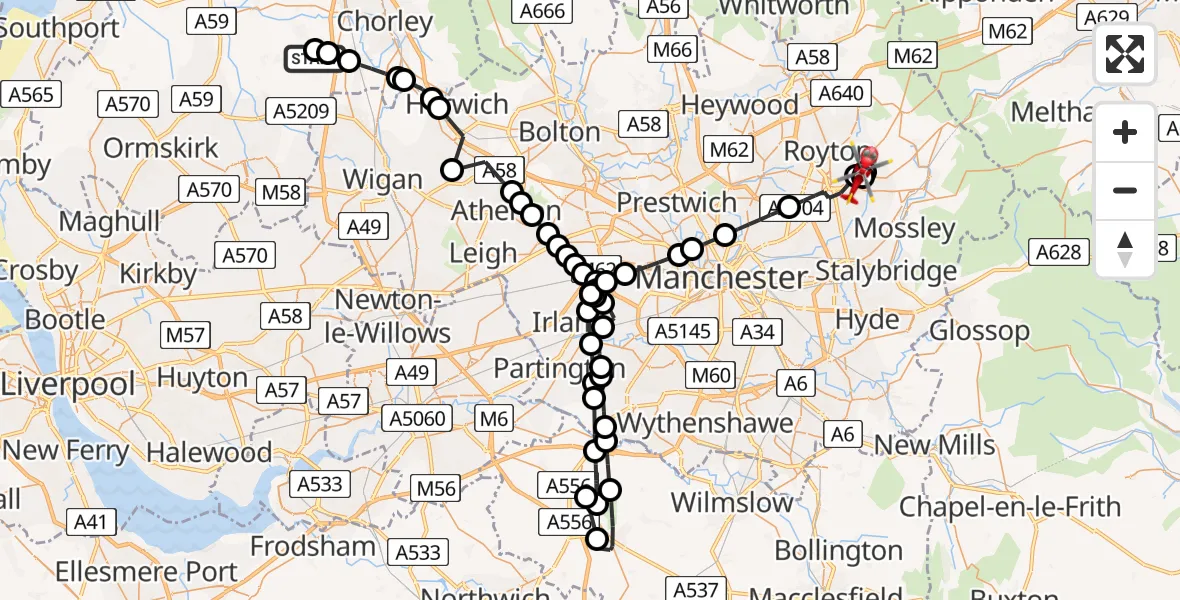 Routekaart van de vlucht: Air Ambulance Helicopter to Lees, Greenwood Street