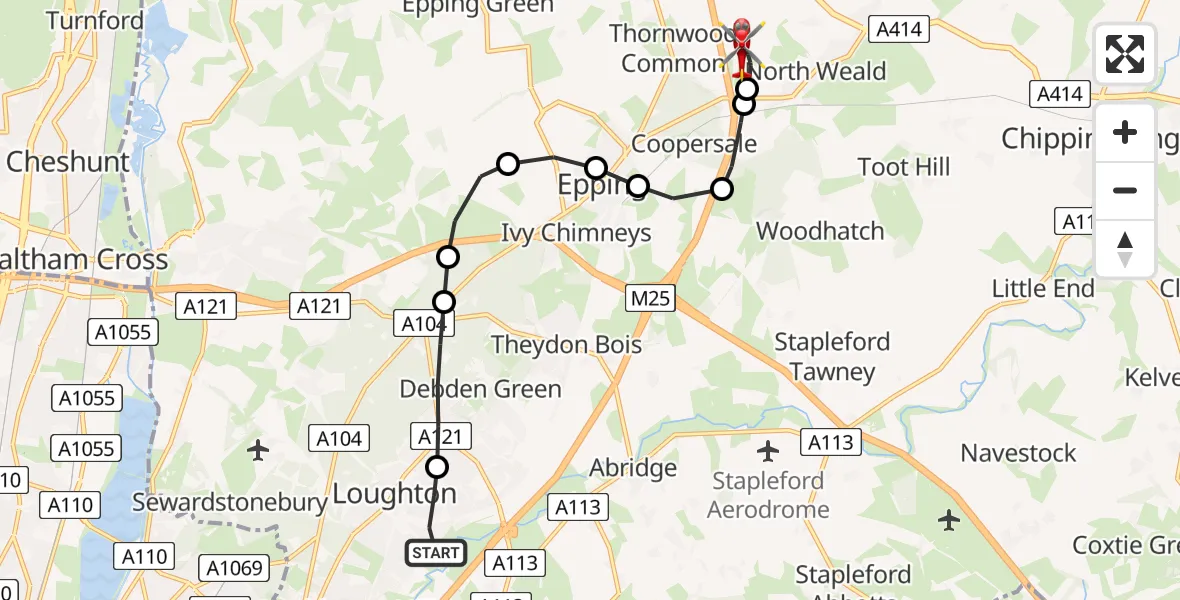 Flight route map: Air Ambulance Helicopter to North Weald Airfield, North Weald Airfield