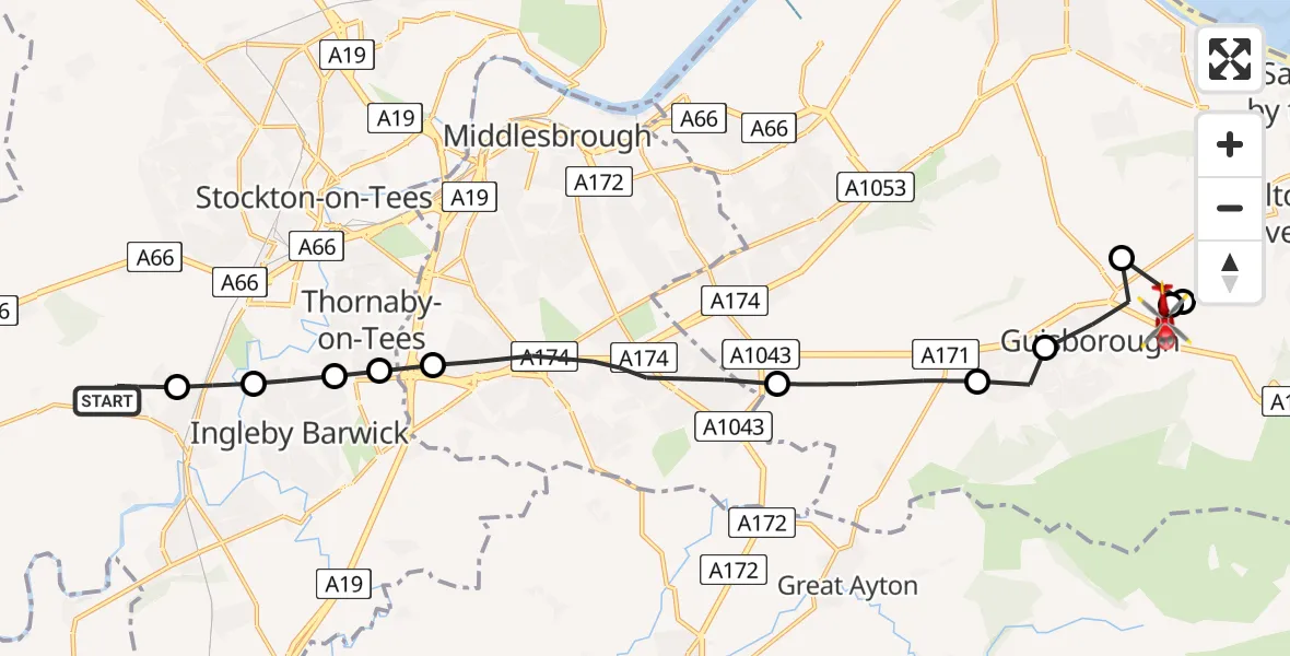 Flight route map: Air Ambulance Helicopter to Guisborough, Waterfall Farm roundabout