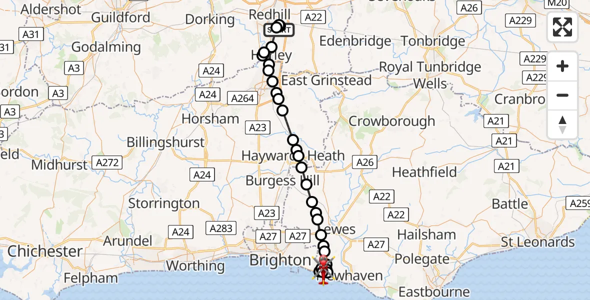 Flight route map: Air Ambulance Helicopter to Telscombe, Ashurst Avenue