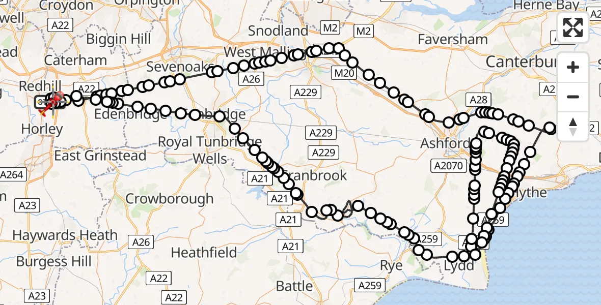 Flight route map: Air Ambulance Helicopter to Redhill Aerodrome, Moats Lane