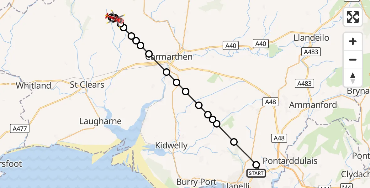 Flight route map: Air Ambulance Helicopter to Talog, Talog