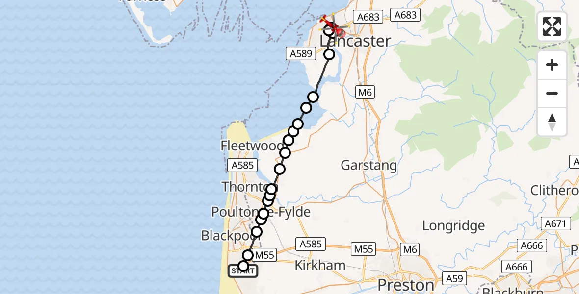 Flight route map: Air Ambulance Helicopter to Morecambe, Benson Avenue
