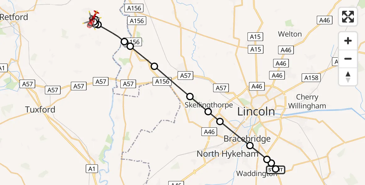 Flight route map: Air Ambulance Helicopter to South Leverton, Cottam Road