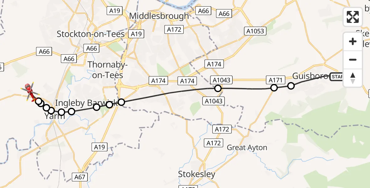 Flight route map: Air Ambulance Helicopter to Egglescliffe, Longnewton Lane