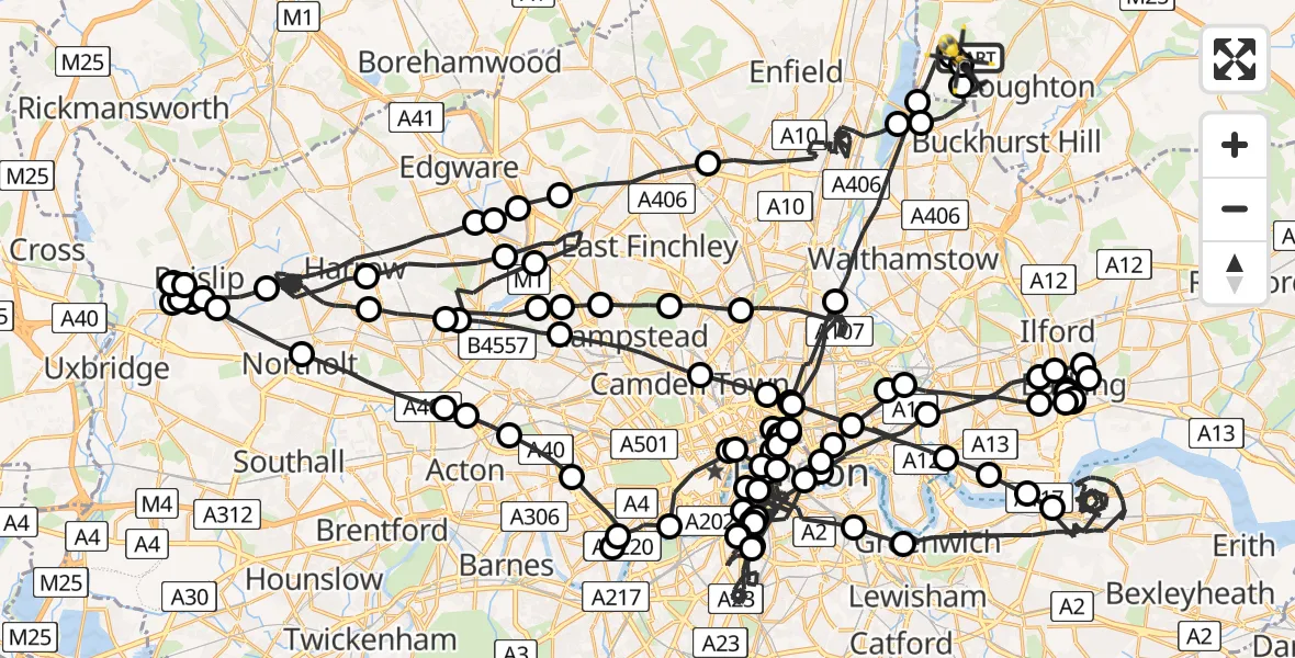 Flight route map: Police Helicopter to Metropolitan Police Air Support Unit Lippitts Hill, Metropolitan Police Air Support Unit Lippitts Hill