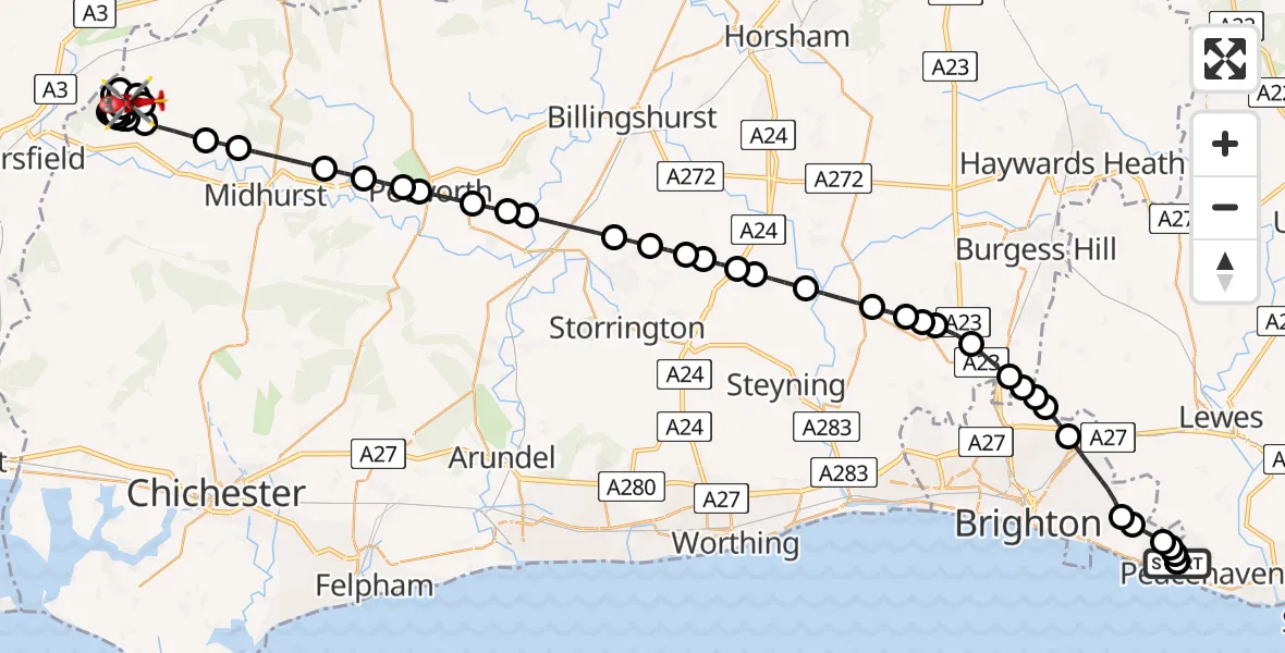 Routekaart van de vlucht: Air Ambulance Helicopter to Hill Brow, Harting Combe Road