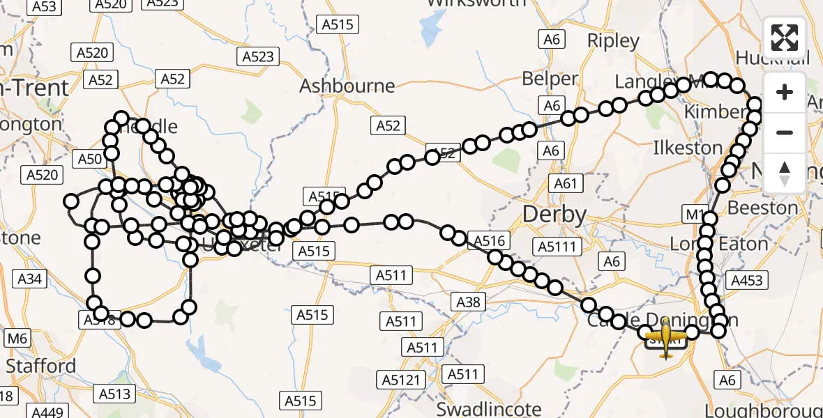 Flight route map: Police Aircraft to East Midlands Airport, East Midlands Airport