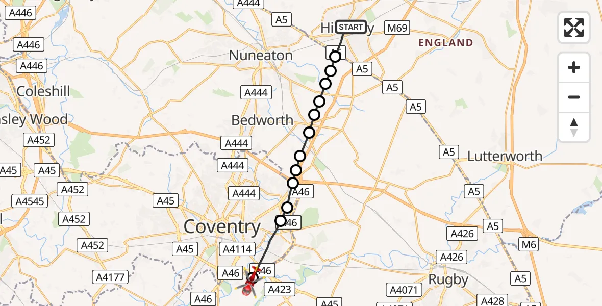 Routekaart van de vlucht: Air Ambulance Helicopter to Coventry Airport, Coventry Airport