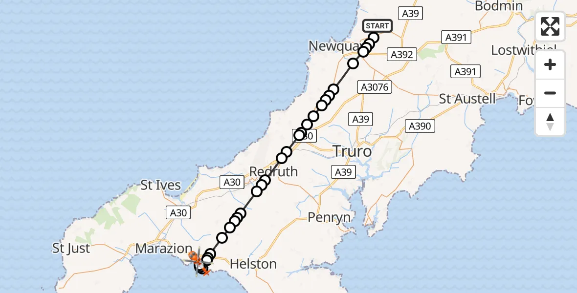 Flight route map: Coastguard Helicopter to Praa Sands, Castle Drive