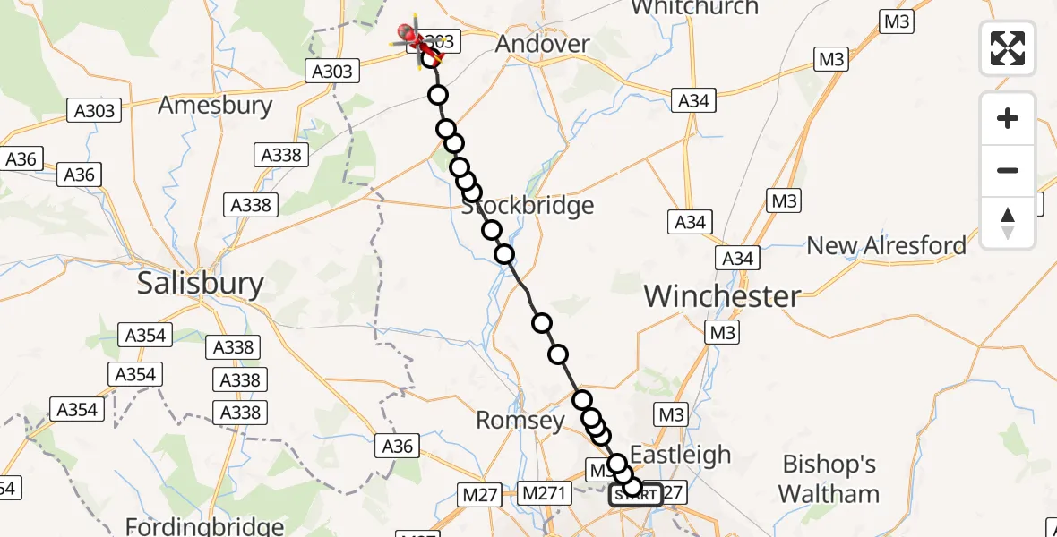 Flight route map: Air Ambulance Helicopter to Thruxton, Thruxton