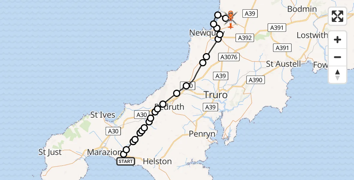 Flight route map: Coastguard Helicopter to Cornwall Airport Newquay, Cornwall Airport Newquay