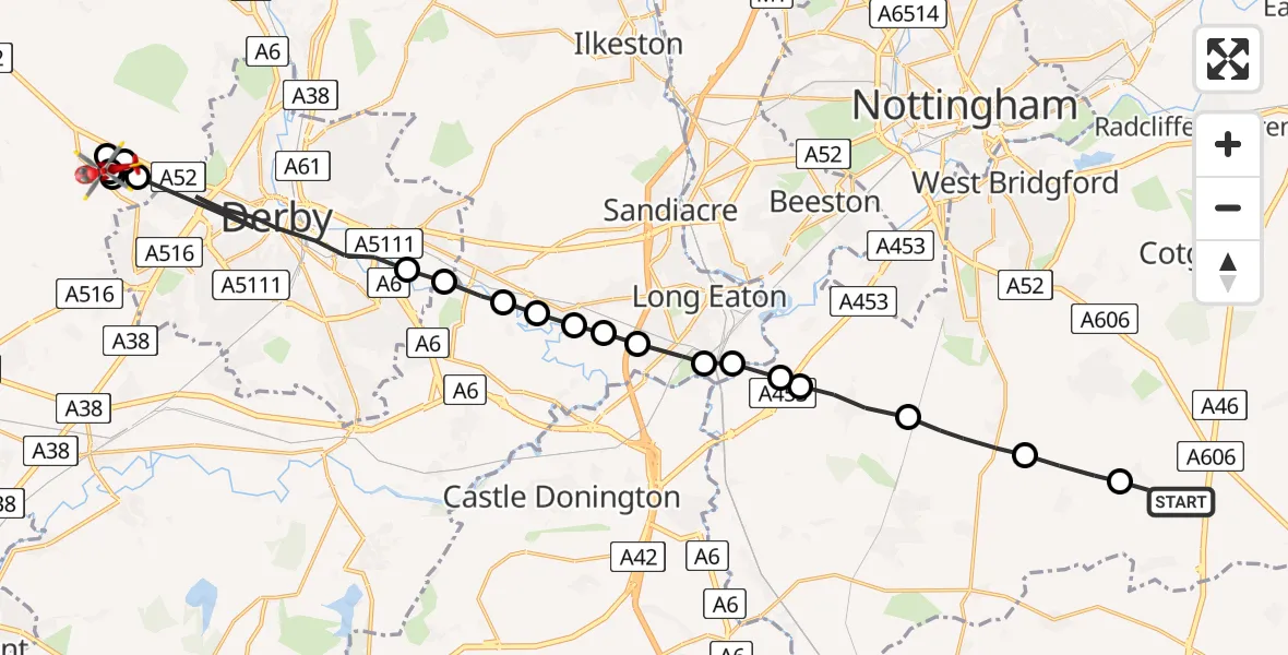 Flight route map: Air Ambulance Helicopter to Mackworth, Brun Lane